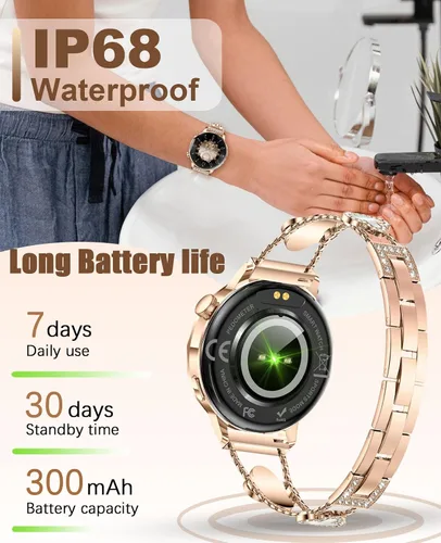 Vista 6 de Reloj inteligente para mujer con pantalla táctil HD de 1.27 pulgadas, reloj de fitness, notificaciones de llamadas y mensajes Bluetooth, monitor