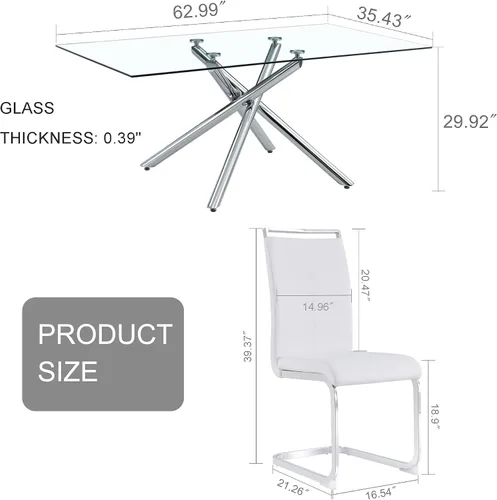 Vista 3 de Ebullient Juego de mesa de comedor de cristal de 63 pulgadas para 6 mesas de comedor modernas con parte superior de vidrio templado con 6 sillas