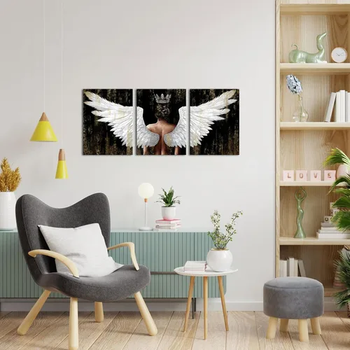 Vista 2 de OuElegent Lienzo decorativo para pared, diseño de alas de ángel doradas y negras, arte contemporáneo con corona, para sala de estar, dormitorio