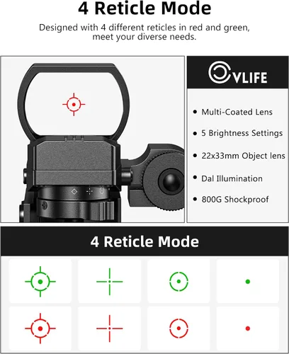 Vista 3 de CVLIFE 1X22X33 Visor Reflex Punto Rojo Visor Punto Rojo y Verde 4 Ópticas de Retícula con Láser Verde y Interruptor de Almohadilla de Presión