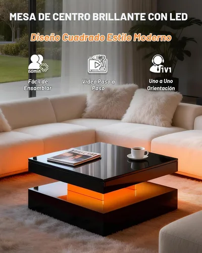 Vista 4 de FKWin Mesa de salón negra – Mesa de centro LED con luces, mesa de centro negra moderna contemporánea, mesa central cuadrada de superficie de alto