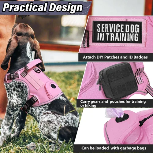 Vista 3 de Arnés táctico resistente para perros grandes, chaleco reflectante ajustable de servicio con mango de control y 4 parches, arnés militar