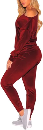 Vista 2 de Fixmatti Conjunto de sudadera de terciopelo de 2 piezas con un hombro descubierto para mujer