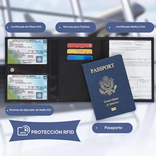 Vista 2 de Billetera de piloto para pasaporte para viajes, bloqueo RFID, soporte de documentos de viaje de cuero genuino con caja de regalo, cartera