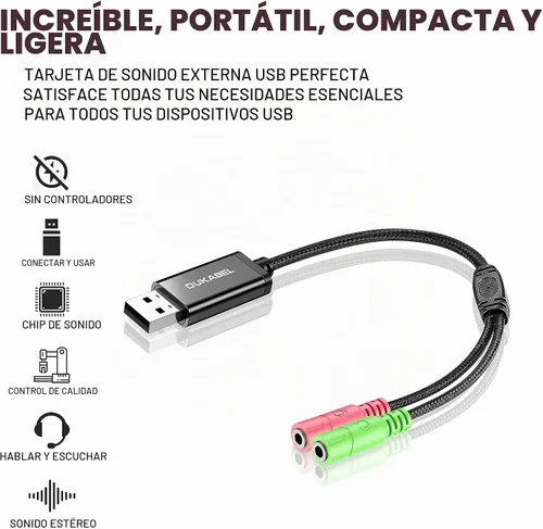 Vista 3 de DUKABEL Adaptador de audio USB con conector de 0.1 in Adaptador de sonido USB externo - 30CM