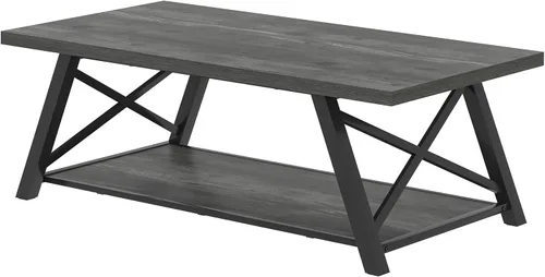 Vista 9 de EXCEFUR Mesa auxiliar, mesa central de madera industrial y metal para sala de estar, mesa de té rectangular de cóctel con estante de almacenamiento