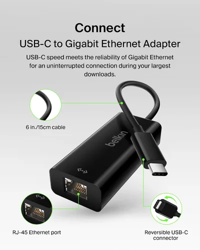 Vista 2 de Belkin Adaptador USB-C a Ethernet, Puerto Ethernet Gigabit Compatible con Dispositivos USB-C, Cable USB-C a Ethernet para MacBook Pro y Laptops Dell