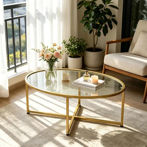 Vista 5 de Wolawu Mesa de centro ovalada dorada de vidrio para sala de estar, mesas de té modernas con marco de metal dorado para espacios pequeños, mesa