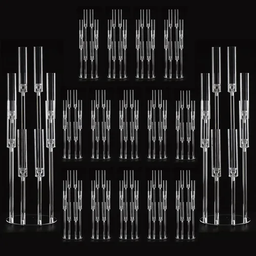 Vista 22 de Portavelas transparentes de 8 brazos para decoración de boda, candelabro alto de acrílico con pantalla para eventos del día de San Valentín, fiesta