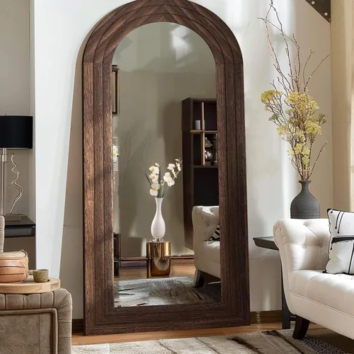 Vista 11 de ZHUNFA Espejo externo arqueado de tres capas de longitud completa con marco de madera maciza, espejo de pie moderno de 65 x 22 pulgadas, decoración