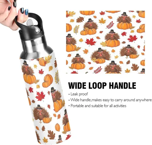 Vista 4 de BPA-Free Sport Water Bottle Insulated 20 Oz, Stainless Steel Vacuum Insulated Water Bottle for Gym Outdoor Travel School, Cartoon Turkeys Hats