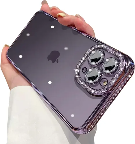 Vista 36 de Funda compatible con iPhone 11 Pro Max con protector de lente de cámara de diamante con purpurina, bonita funda de cristal transparente a prueba