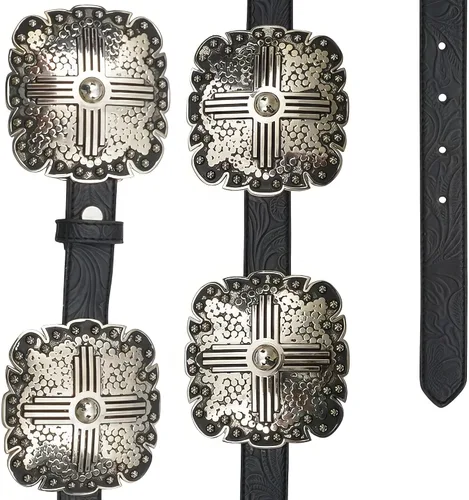 Vista 3 de Angel Ranch Cinturón de cuero en relieve floral negro para mujer con conchos cuadrados de tono plateado antiguo, hebilla extraíble