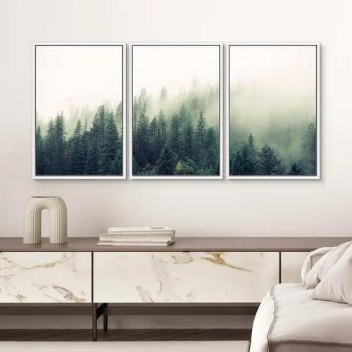 Vista 108 de SIGNWIN Lienzo enmarcado para pared, juego de arte pastel con cadena montañosa, bosque, niebla, naturaleza silvestre, ilustraciones modernas, arte