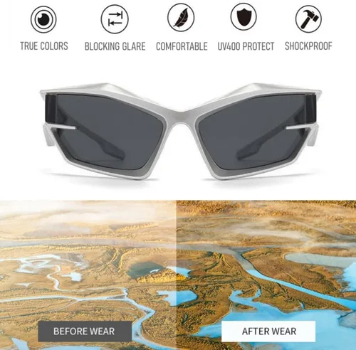Vista 4 de Cool Futuristic Y2K - Gafas de sol para hombres y mujeres, deportes envolventes alrededor del escudo de ojo de gato, lentes de sol espaciales