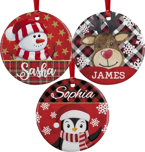 Vista 9 de Juego de 3, adorno de Navidad personalizado con nombre, 9 diseños, 12 fuentes, cerámica personalizada de 3 pulgadas, adorno de Navidad redondo 2025