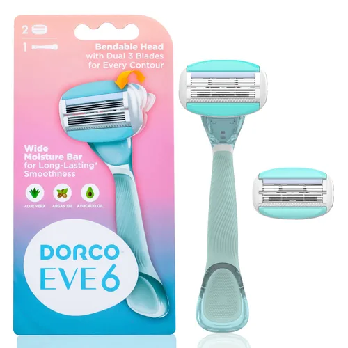 Vista 10 de Dorco EVE 3 maquinillas de afeitar: afeitado extra suave con 1 mango y 2 recambios de cuchilla, 3 cuchillas curvas, barra de humedad flexible