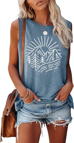 Vista 2 de Camisetas sin mangas de senderismo y montaña para mujer, divertidas camisetas de entrenamiento con gráficos de pino y amanecer, camisetas de verano