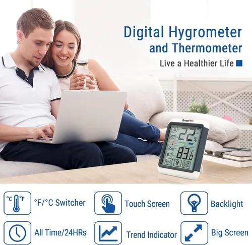 Vista 2 de ThermoPro TP55 - Higrómetro digital de interior, termómetro de 4 pulgadas con pantalla táctil y retroiluminación, termómetro de habitación / medidor