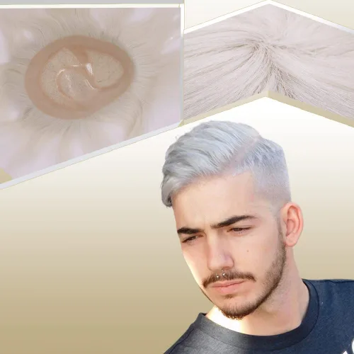 Vista 10 de Toupee para hombres sistemas de reemplazo de cabello humano real europeo para hombres, postizos finos, centro de encaje, piel más gruesa, pieza