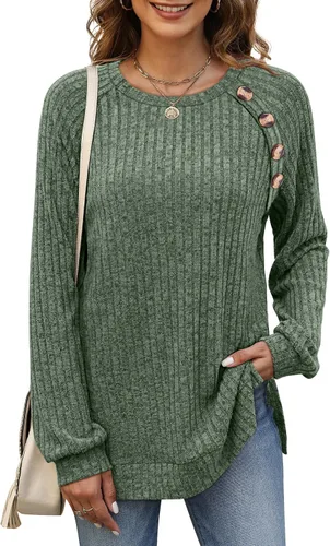 Vista 2 de Bofell Camisas de manga larga para mujer, cuello redondo, estilo casual, con botones, con abertura lateral