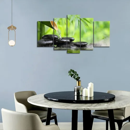 Vista 6 de Arte de pared Zen de 5 paneles verde spa bodegón con pintura de bambú la imagen impresión en lienzo imágenes botánicas para decoración del hogar