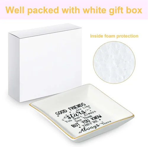 Vista 6 de NatuBeau Regalos para amigas para mujeres, plato de cerámica para anillos con texto en inglés "Good Friends are Like Stars", bandeja de joyería