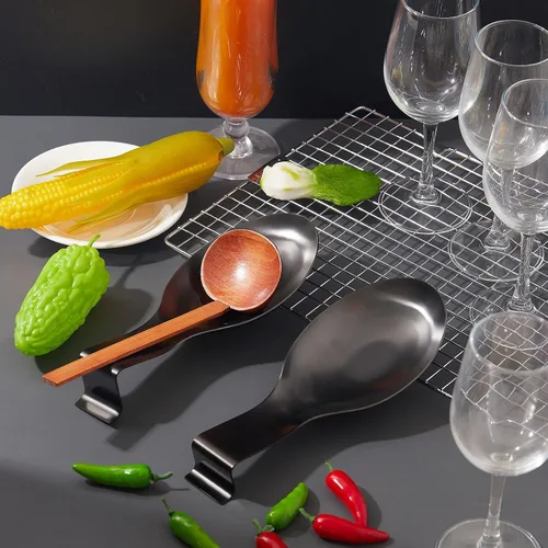 Vista 4 de Nuanchu 6 piezas de acero inoxidable soporte para cucharas y espátulas para estufa, mango para cucharón, soporte para cucharas para encimera Negro
