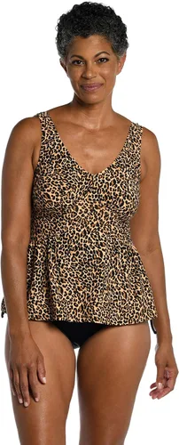 Vista 7 de Maxine of Hollywood Women's Over The Shoulder Empire Tankini Swimsuit Top Negro/ Jardín iluminado por la luna