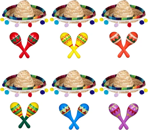 Vista 2 de Honoson 12 piezas de maracas de madera para fiesta, 6 mini sombreros de Cinco de Mayo, sombrero mexicano de copa para decoración de fiesta
