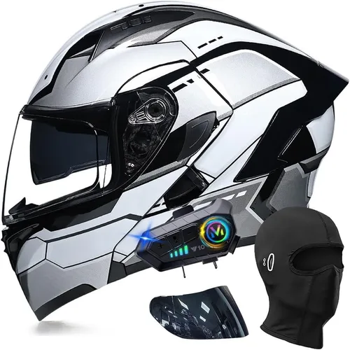 Vista 19 de Cascos modulares de motocicleta con Bluetooth, aprobados por DOT, casco de motocicleta de cara completa abatible con doble visera, con altavoces