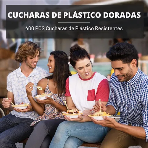 Vista 5 de Juego de 300 mini cucharas desechables doradas de 4 pulgadas, pequeños postres de plástico, cucharas de degustación resistentes para aperitivos