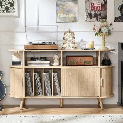 Vista 12 de LELELINKY - Pequeño soporte redondo para tocadiscos con estación de carga y estante de exhibición estriado, gabinete de tocadiscos negro de mediados
