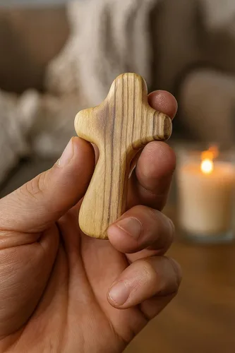 Vista 2 de Cruz de sujeción de madera de olivo de Zuluf de 6.35 cm, para palma, católica, cristiana, regalo certificado de Tierra Santa, Belén