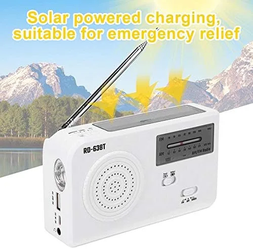 Vista 5 de Radio FM solar portátil, linterna LED de emergencia multifuncional de 3 vías, radio FM/AM y cargador de teléfono celular, perfecto para exteriores