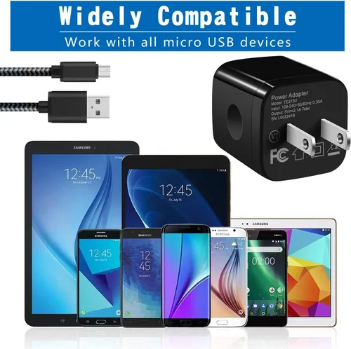 Vista 7 de Cable de carga para Android, cable micro USB [2 unidades/6 pies] con 2 unidades de doble puerto USB cargador de pared de carga rápida compatible