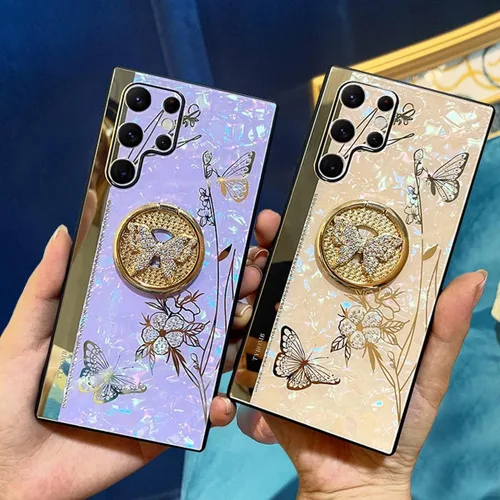 Vista 7 de Changjia Funda con función atril para Samsung Galaxy A15 5G, bonita funda con purpurina 3D con diamantes de imitación de mariposa con diamantes