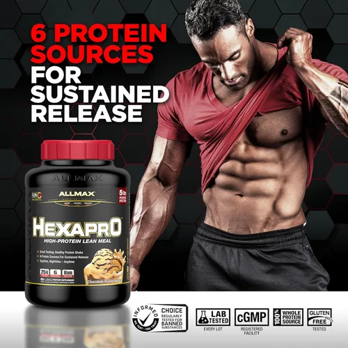 Vista 2 de ALLMAX HEXAPRO, Chocolate - 2 lb - 25 gramos de proteína por porción - 8 horas de liberación sostenida - cero azúcar - 21 porciones