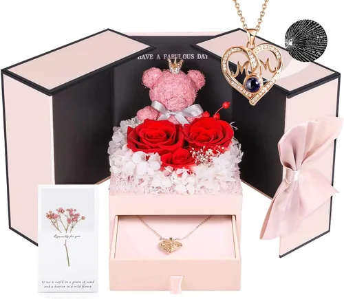 Vista 22 de AddWel Regalos de rosas para mujer, rosas azules reales preservadas con collar I Love You en 100 idiomas y lindo oso de musgo para novia, esposa
