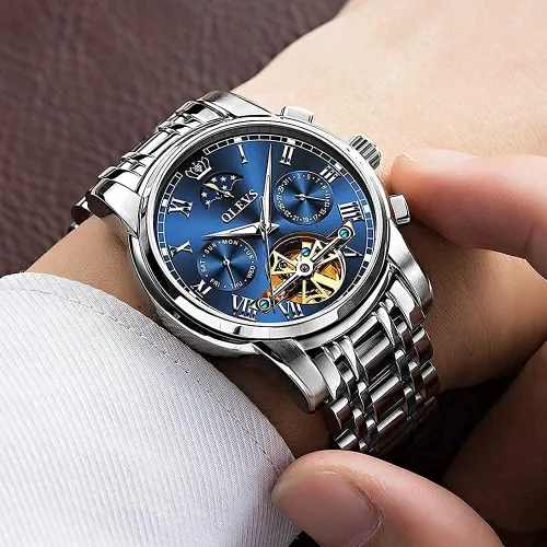 Vista 3 de OLEVS reloj mecánico automático, reloj de cuerda automático de lujo para hombre a prueba de agua, acero inoxidable.