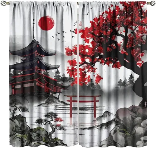 Vista 20 de Cortinas de cerezo, paisaje japonés, árbol de cerezo natural, primavera, dormitorio, sala de estar, ventana, 2 juegos de paneles, 42 x 45 pulgadas