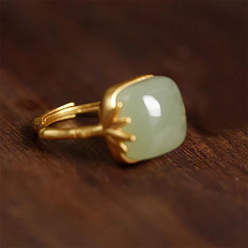 Vista 5 de Anillo de bambú verde vintage de jade hetian para mujer, delicado estilo chino, hecho a mano, con piedras preciosas ajustables, banda de dedo