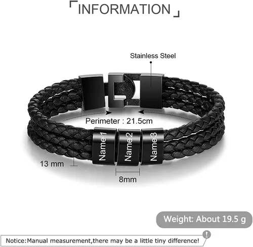 Vista 2 de Pulseras personalizadas con nombre para hombre, pulsera de cuero trenzado personalizada con 1-8 nombres grabados, pulsera con nombre personalizado
