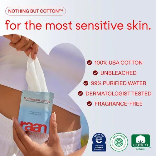 Vista 2 de Raan, 100% algodón, 99% agua purificada, toallitas limpiadoras faciales y corporales, sin fragancia, sin blanquear, hipoalergénicas, verificadas por