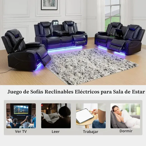 Vista 9 de Juego de sofá reclinable eléctrico, sofás reclinables de cuero negro, 3 piezas de sofá reclinable de cuero de aire y silla de dos plazas con luces