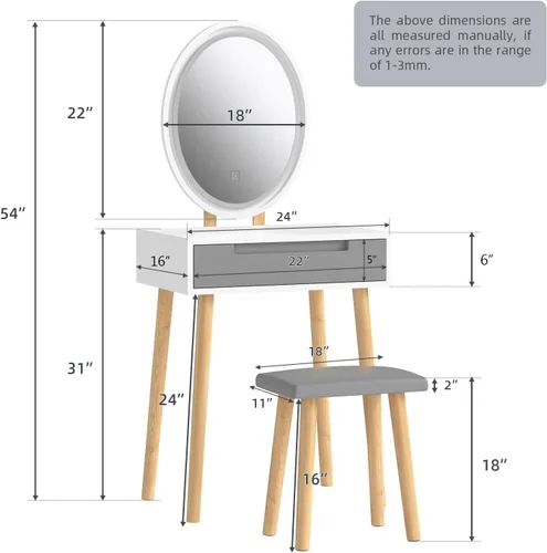 Vista 5 de YOURLITE Pequeño escritorio de tocador con espejo y luces, escritorio de maquillaje con silla y cajones para espacio pequeño, tocador gris