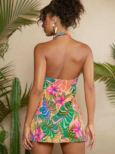 Vista 2 de SOLY HUX Vestido sin mangas con estampado tropical y espalda descubierta, estilo bohemio, para mujer