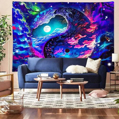 Vista 5 de Aidatain Tapiz de cielo colorido de fantasía, luna, nebulosa deslumbrante, Yin y Yang, tapiz de pared, grande de 80 x 60 pulgadas, tela de franela