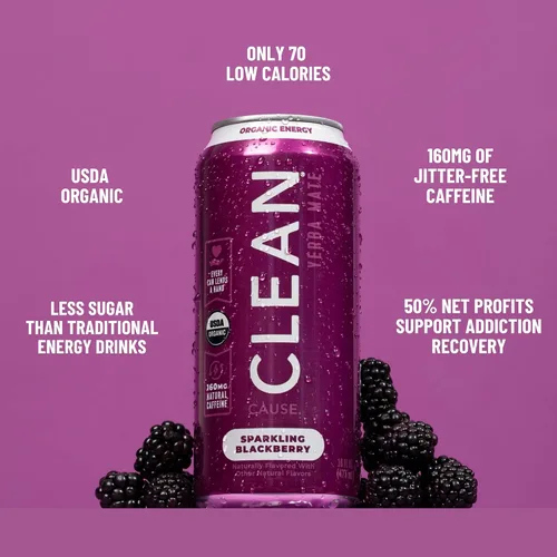 Vista 3 de Gaseosa de yerba mate de mora, orgánica, baja en calorías y azúcar (160 mg de cafeína), latas de 16 onzas, paquete de 12 unidades – CLEAN Cause – El