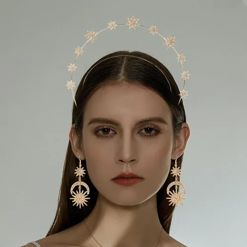 Vista 6 de Halo Crown - Stars Crystal Goddess HeadBand with Earrings Mary Metal Halo Headpiece Celestial Crowns Tiaras for Women Bridal Wedding Costume Cosplay